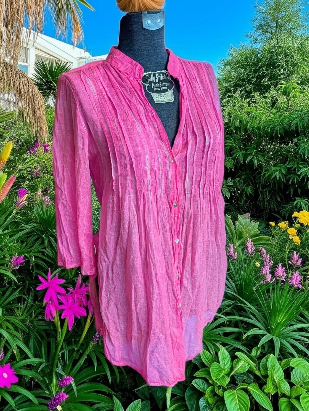 Found Object Pink Pintuck Sheer Button Down Tunic Blouse Shirt S/M Cotton Boho